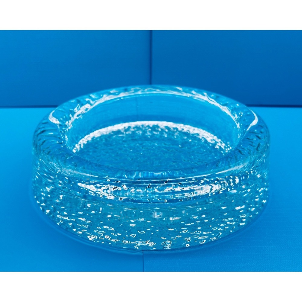 Vintage Textured Clear Glass Ashtray Heavy Round Mid Century Modern Ice Bark 6"